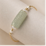 Carved Jade Barrel Bracelet with Freshwater Pearls and Slider Clasp in Gold Tone - Image 8