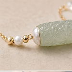 Carved Jade Barrel Bracelet with Freshwater Pearls and Slider Clasp in Gold Tone - Image 7