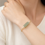 Carved Jade Barrel Bracelet with Freshwater Pearls and Slider Clasp in Gold Tone - Image 4