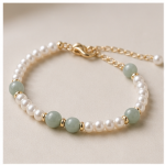 Freshwater Pearl and Jade Bead Beaded Bracelet in Gold Tone - 图片 3
