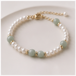 Freshwater Pearl and Jade Bead Beaded Bracelet in Gold Tone