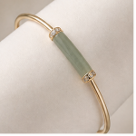 Open Cuff Bracelet with Jade Tube Bar and Pave Rondelles in Gold Tone - Image 3