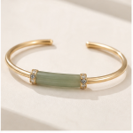 Open Cuff Bracelet with Jade Tube Bar and Pave Rondelles in Gold Tone