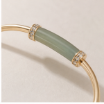 Open Cuff Bracelet with Jade Tube Bar and Pave Rondelles in Gold Tone - Image 5
