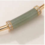 Open Cuff Bracelet with Jade Tube Bar and Pave Rondelles in Gold Tone - Image 7