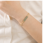 Open Cuff Bracelet with Jade Tube Bar and Pave Rondelles in Gold Tone - Image 4