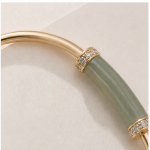 Open Cuff Bracelet with Jade Tube Bar and Pave Rondelles in Gold Tone - Image 8