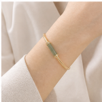 Open Cuff Bracelet with Jade Tube Bar and Pave Rondelles in Gold Tone - Image 6