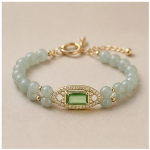 Jade Bead Bracelet with Emerald-Cut Green Crystal Pave Station in Gold Tone