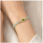 Jade Bead Bracelet with Emerald-Cut Green Crystal Pave Station in Gold Tone - Image 3