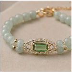 Jade Bead Bracelet with Emerald-Cut Green Crystal Pave Station in Gold Tone - Image 4