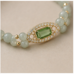 Jade Bead Bracelet with Emerald-Cut Green Crystal Pave Station in Gold Tone - Image 7