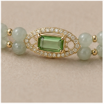 Jade Bead Bracelet with Emerald-Cut Green Crystal Pave Station in Gold Tone - Image 8