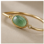 Oval Green Aventurine Bangle Bracelet with Milgrain Bezel in Gold Tone - Image 2