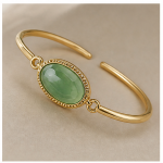 Oval Green Aventurine Bangle Bracelet with Milgrain Bezel in Gold Tone