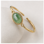 Oval Green Aventurine Bangle Bracelet with Milgrain Bezel in Gold Tone - Image 5