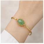 Oval Green Aventurine Bangle Bracelet with Milgrain Bezel in Gold Tone - Image 8