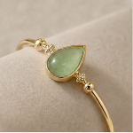 Pear-Cut Green Aventurine Bangle with Cubic Zirconia and Bead Accents in Gold Tone - Image 2