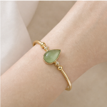 Pear-Cut Green Aventurine Bangle with Cubic Zirconia and Bead Accents in Gold Tone - Image 6