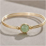 Round Green Aventurine Double-Wire Bangle Bracelet in Gold Tone