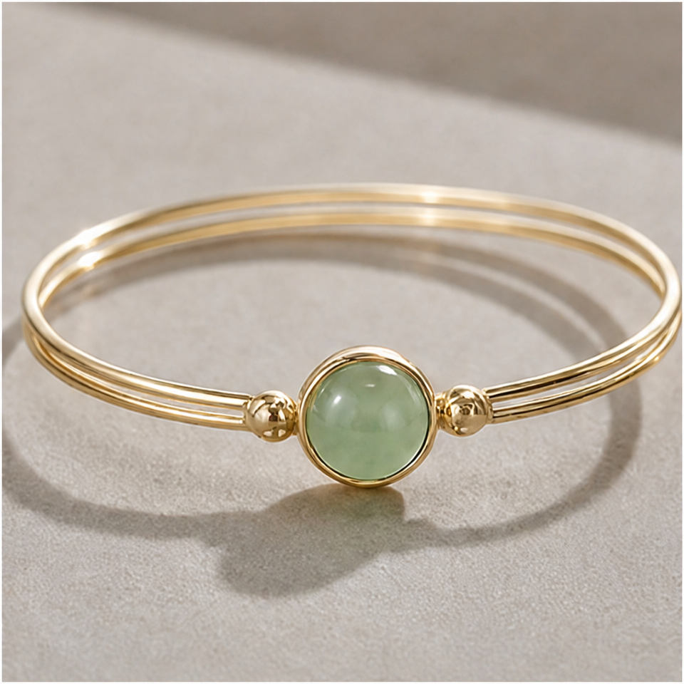 1786597364_0118079f-1 Round Green Aventurine Double-Wire Bangle Bracelet in Gold Tone - 图片 1