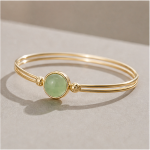 Round Green Aventurine Double-Wire Bangle Bracelet in Gold Tone - 图片 7