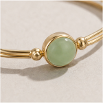 Round Green Aventurine Double-Wire Bangle Bracelet in Gold Tone - 图片 8