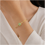 Round Green Aventurine Double-Wire Bangle Bracelet in Gold Tone - 图片 4