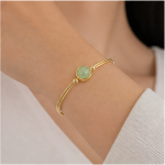Round Green Aventurine Double-Wire Bangle Bracelet in Gold Tone - 图片 6