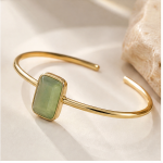 Emerald-Cut Green Jade Open Cuff Bracelet in Gold Tone