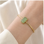 Emerald-Cut Green Jade Open Cuff Bracelet in Gold Tone - 图片 6