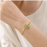 Emerald-Cut Green Jade Open Cuff Bracelet in Gold Tone - 图片 4