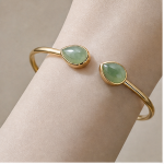 Two-Stone Green Aventurine Open Cuff Bracelet in Gold Tone - 图片 2