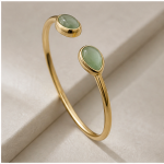 Two-Stone Green Aventurine Open Cuff Bracelet in Gold Tone