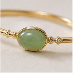 Large Oval Green Aventurine Hinged Bangle in Gold Tone - 图片 8