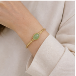 Large Oval Green Aventurine Hinged Bangle in Gold Tone - 图片 4
