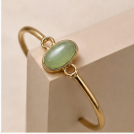 Oval Green Aventurine Slim Bangle Bracelet with Loop Detail in Gold Tone - Image 4