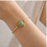 Oval Green Aventurine Slim Bangle Bracelet with Loop Detail in Gold Tone - Image 9