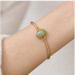 Oval Green Aventurine Slim Bangle Bracelet with Loop Detail in Gold Tone - Image 2