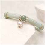 Jade Tube Link Bracelet with Pave Rondelles and Pearl Drop in Gold Tone - Image 3