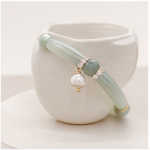 Jade Tube Link Bracelet with Pave Rondelles and Pearl Drop in Gold Tone - Image 5