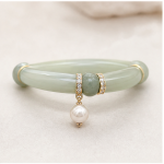 Jade Tube Link Bracelet with Pave Rondelles and Pearl Drop in Gold Tone
