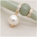 Jade Tube Link Bracelet with Pave Rondelles and Pearl Drop in Gold Tone - Image 6