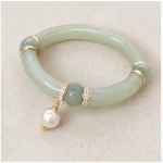 Jade Tube Link Bracelet with Pave Rondelles and Pearl Drop in Gold Tone - Image 8