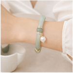Jade Tube Link Bracelet with Pave Rondelles and Pearl Drop in Gold Tone - Image 2
