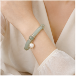 Jade Tube Link Bracelet with Pave Rondelles and Pearl Drop in Gold Tone - Image 4