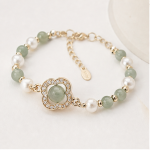 Quatrefoil Pave Station Bracelet with Jade Beads and Freshwater Pearls in Gold Tone