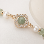 Quatrefoil Pave Station Bracelet with Jade Beads and Freshwater Pearls in Gold Tone - Image 3