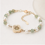 Quatrefoil Pave Station Bracelet with Jade Beads and Freshwater Pearls in Gold Tone - Image 5