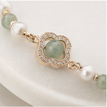 Quatrefoil Pave Station Bracelet with Jade Beads and Freshwater Pearls in Gold Tone - Image 8